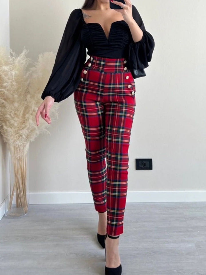 Pantalone con stampa scozzese Modello skinny a vita alta Bottoni Cerniera - Rosso - Level Stores