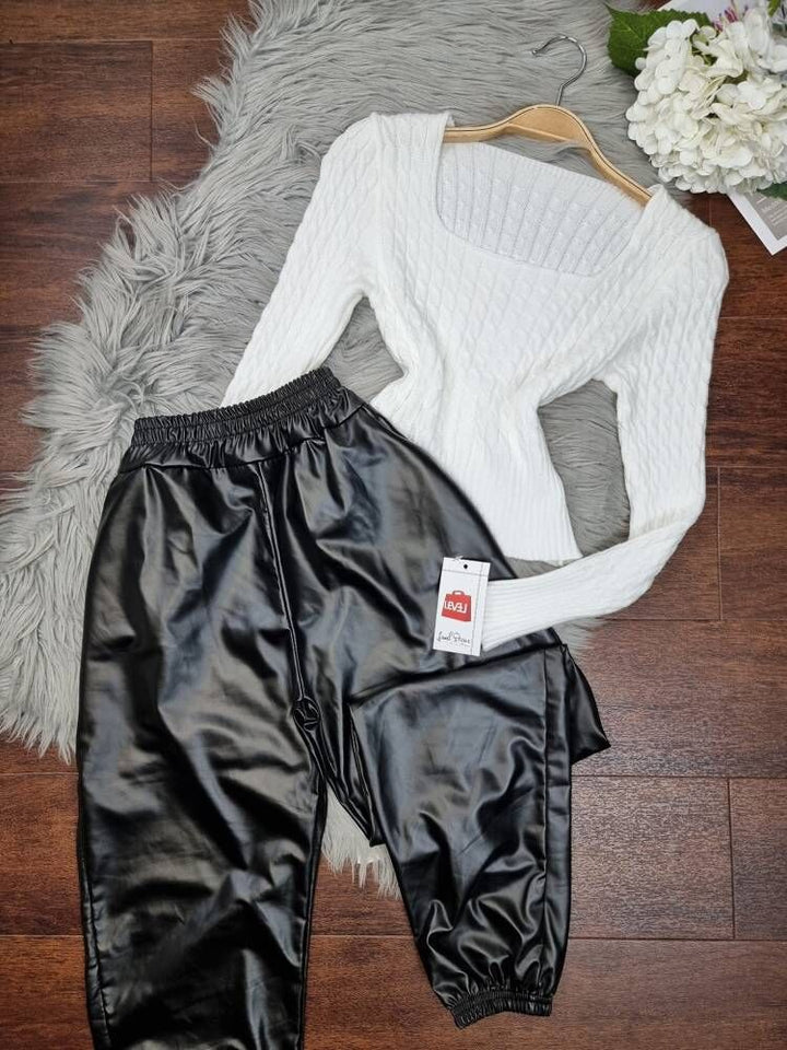 Pantalone in ecopelle con fascia elastica arricciata e tasche laterali - Nero - Level Stores