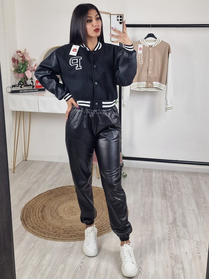 Pantalone in ecopelle con fascia elastica arricciata e tasche laterali - Nero - Level Stores