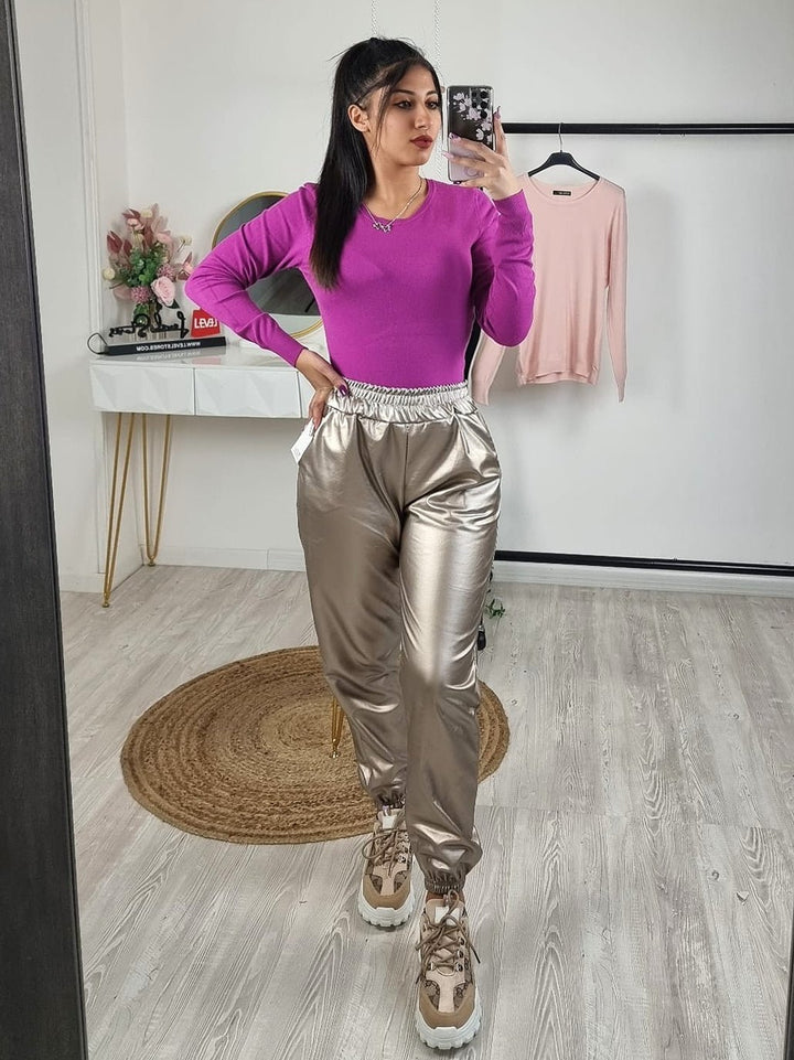 Pantalone in ecopelle con fascia elastica arricciata e tasche laterali - Argento - Level Stores