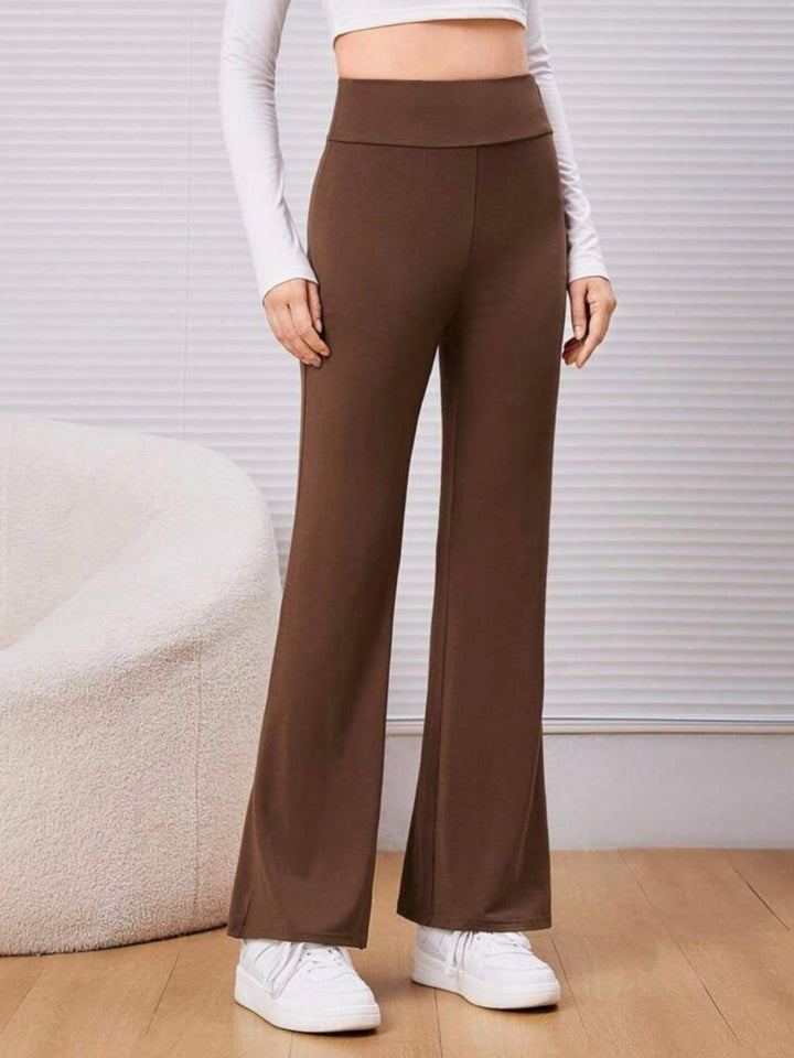 Pantalone modello a zampa d'elefante a vita alta con elastico - Marrone - Level Stores