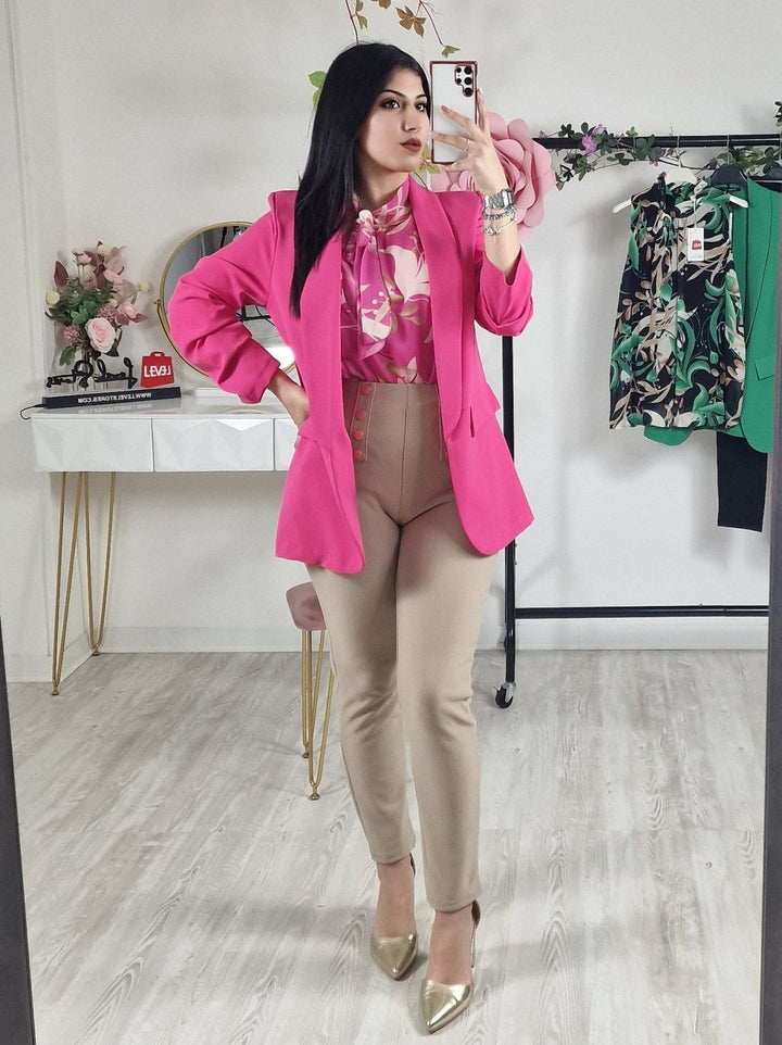 Pantaloni Aderente Elasticizzato Vita Alta Dettaglio Bottone - Rosa barbie - Level Stores