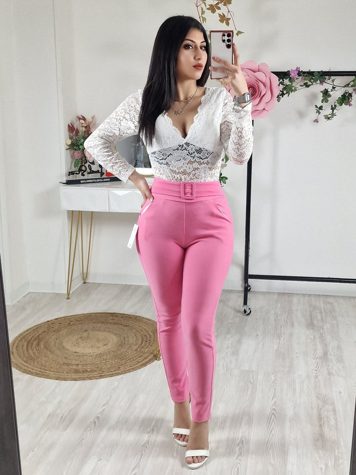 Pantaloni Aderente Elasticizzato Vita Alta inclusa la cintura - Rosa barbie - Level Stores