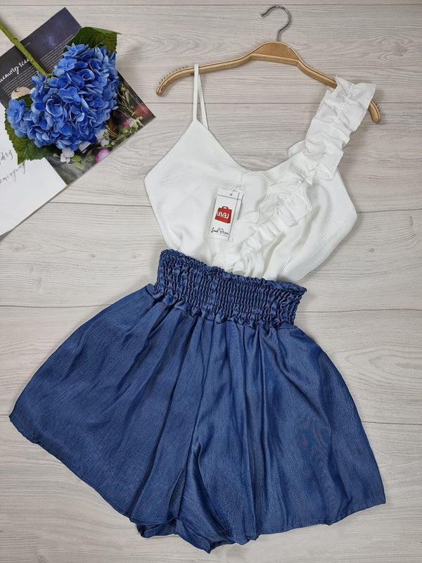 Short e fascia elastica arricciata in vita - Blu - Level Stores