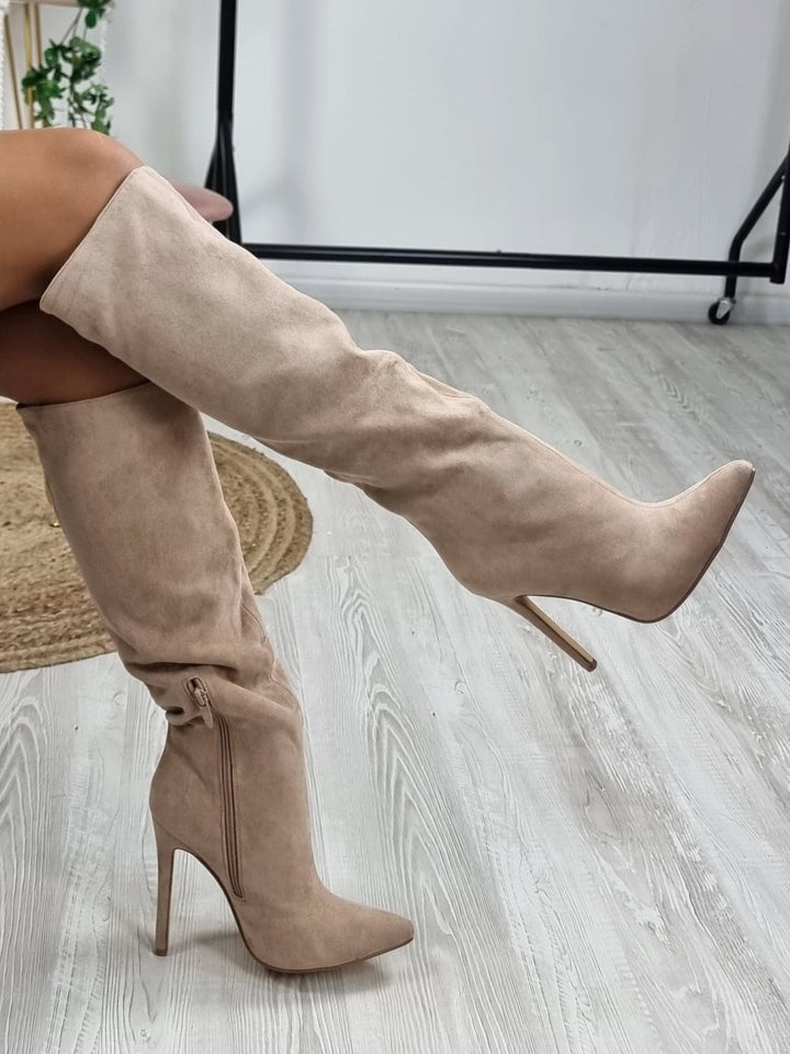 Stivale in camoscio Donna Alto Tacco Cerniera Elegante Casual Beige - Beige - Level Stores
