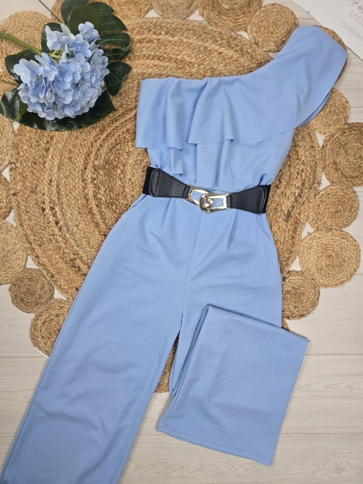Tuta monospalla in tessuto scuba crepe con pantalone a palazzo e cintura inclusa - Blu elettrico - Level Stores