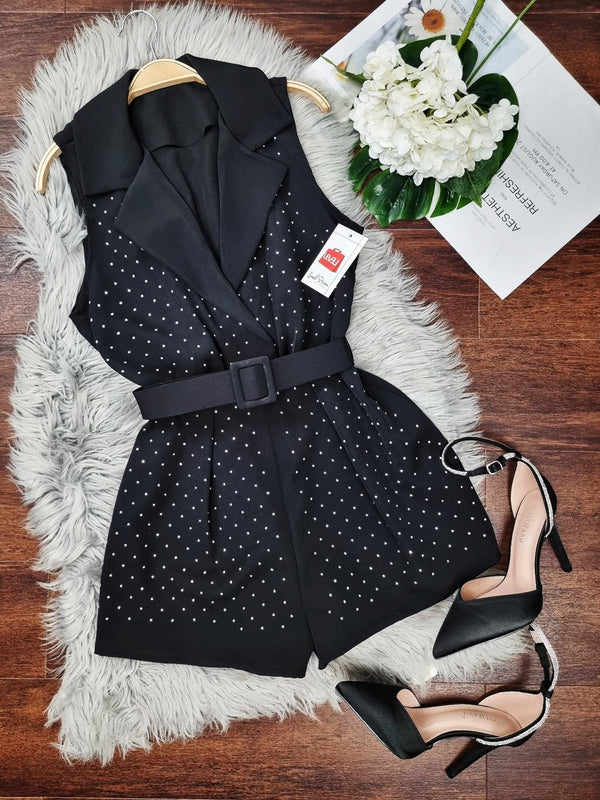 Tuta Strass Scollo a V incrociata Elegante Cintura - Nero - Level Stores
